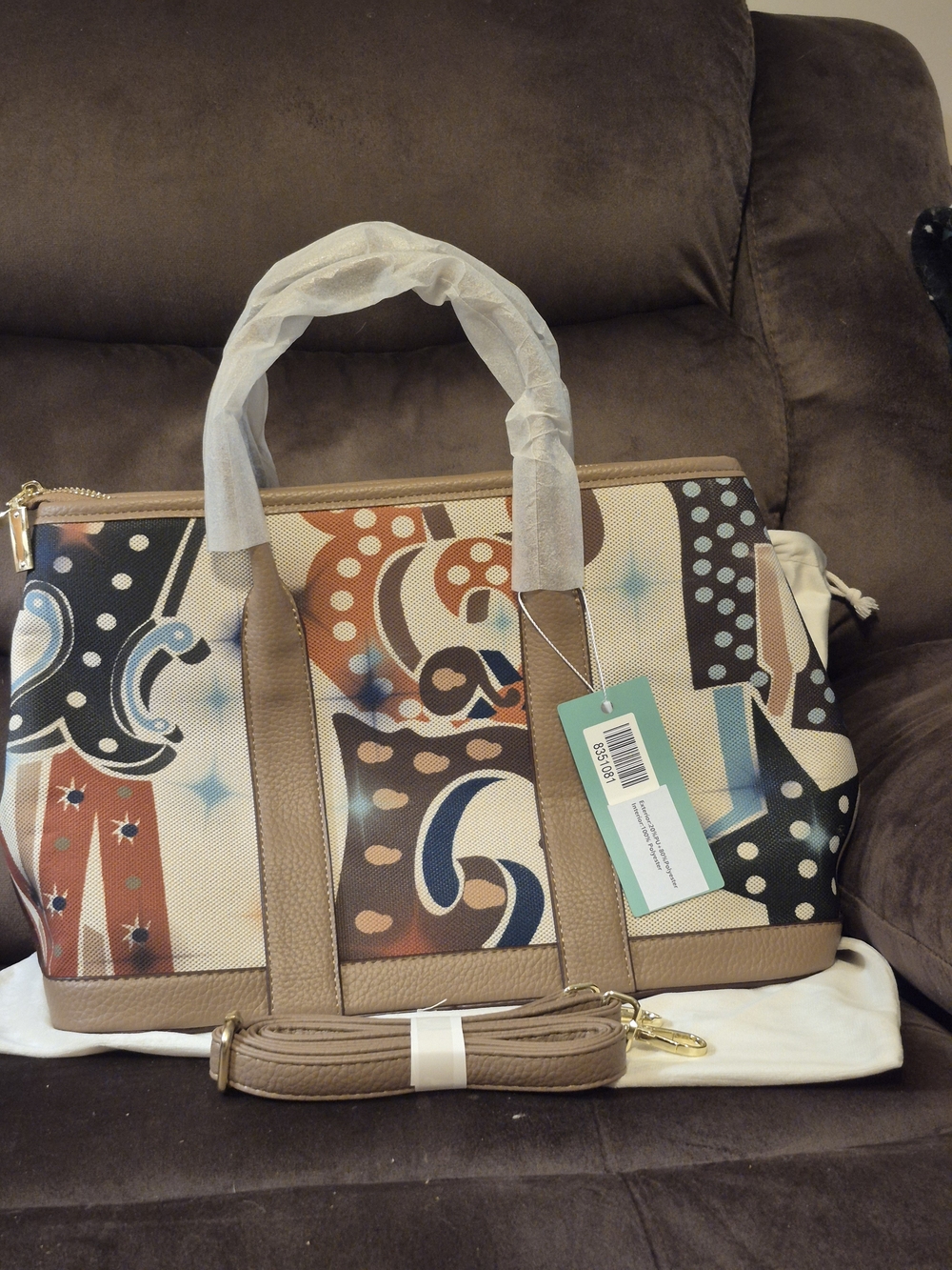 Multicolor Colored Patterned Canvas Crossbody with Tan Trim